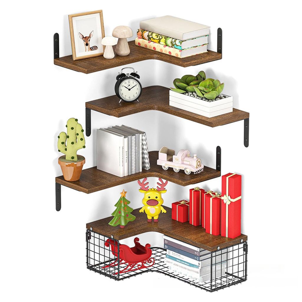 Corner shelves displaying various decorative items and books.