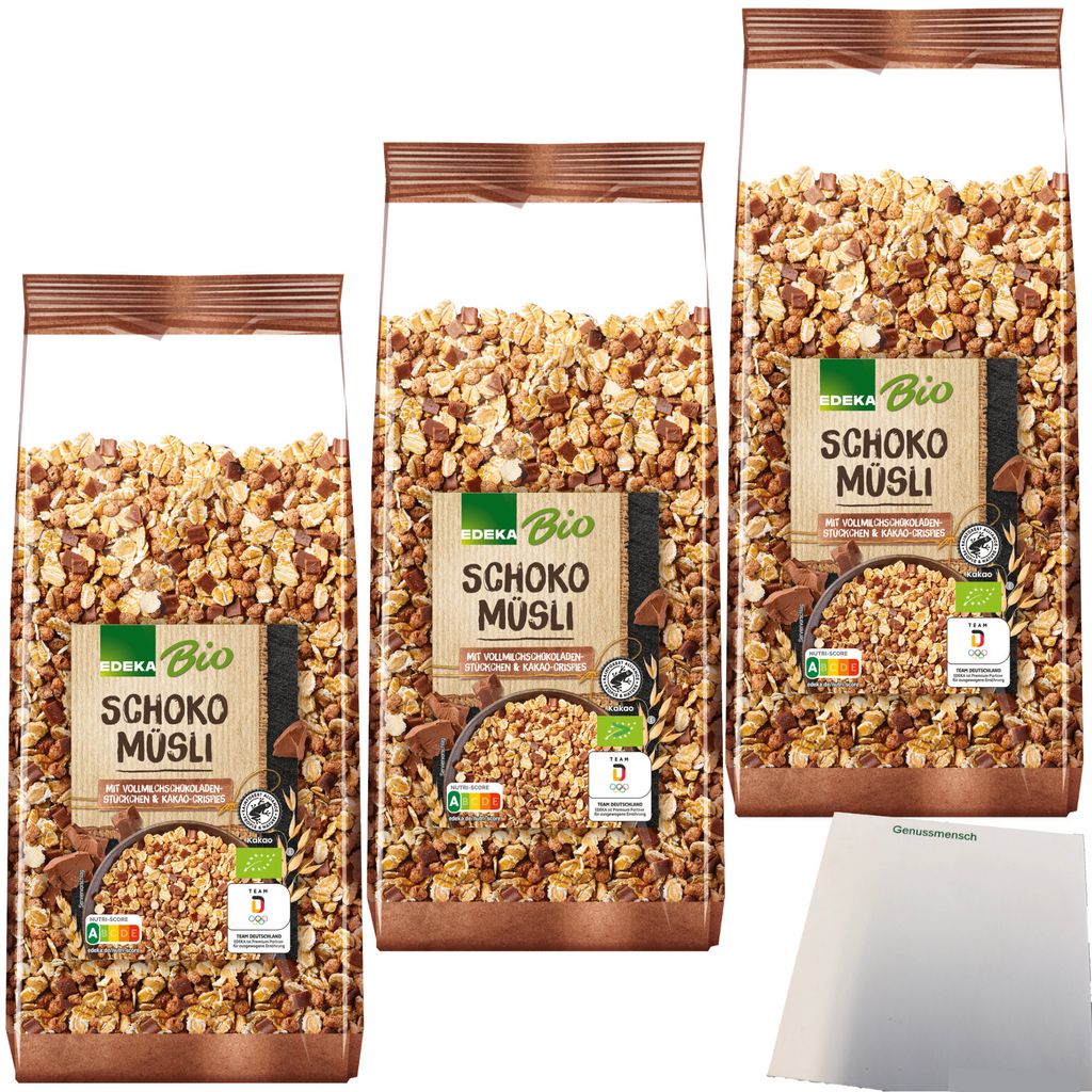 Edeka Schoko Müsli mit Vollmilchschokoladenstückchen und Kakao-Nips 3er Pack (3x750g Packung) + usy Block