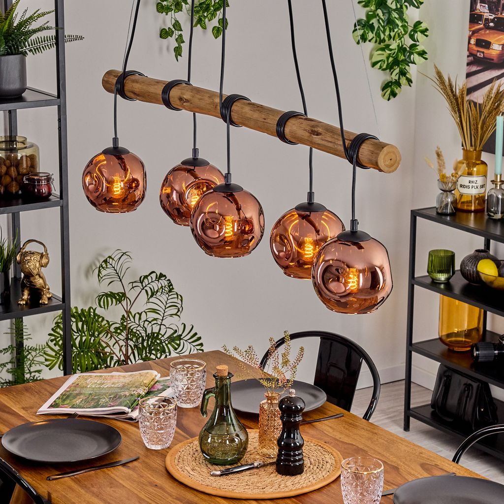 Villamare Hängelampe aus Metall/Holz/Glas in Schwarz/Natur-/Kupferfarben