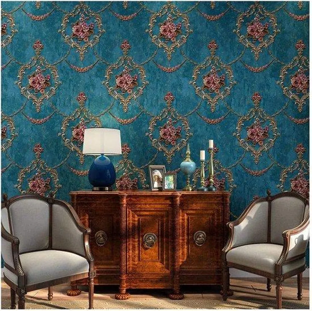 Papier peint décoratif bleu 3D pour salon baroque et chambre vintage