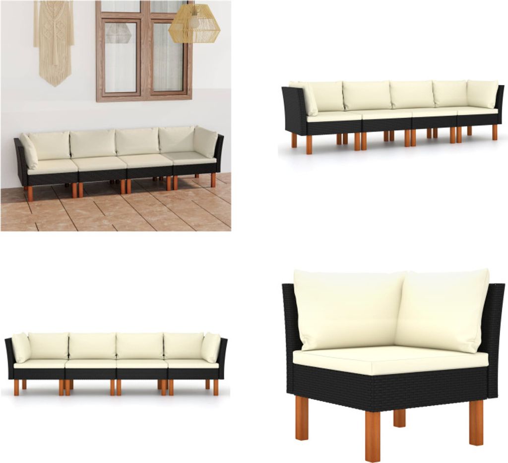 vidaXL 4 Sitzer Gartensofa mit Kissen Schwarz Poly Rattan - Gartensofa - Gartensofas - Lounge - Loungen