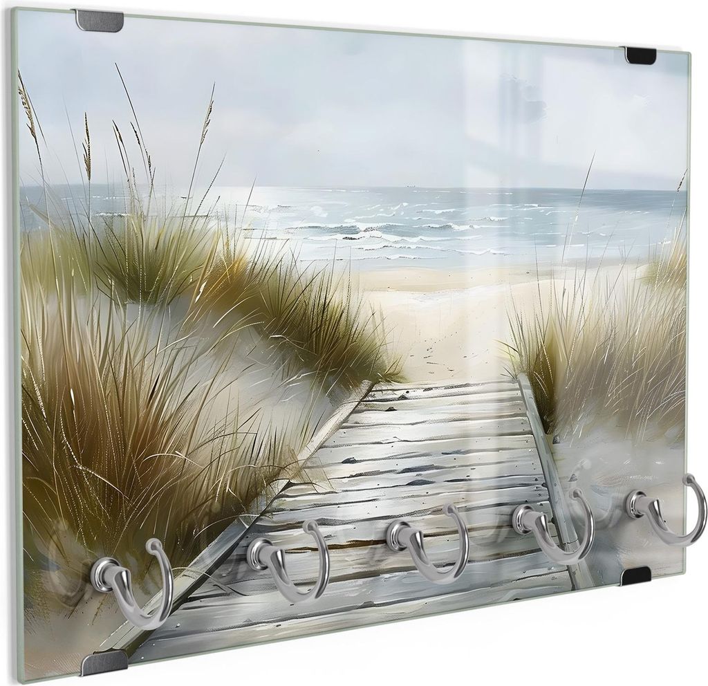 DEQORI Schlüsselbrett Glas 30x20 cm 'Sehnsucht in Sand' Schlüssel Halter Board Haken