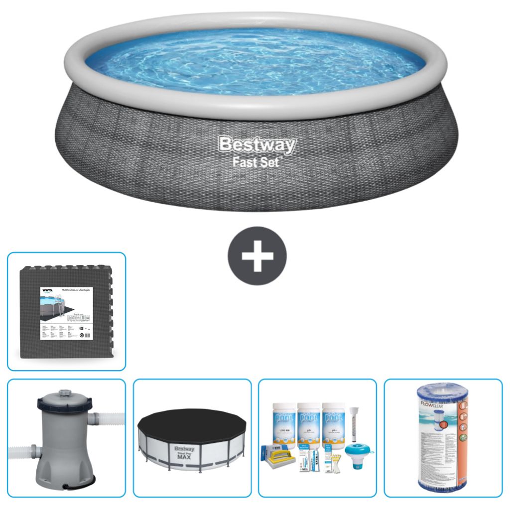 Bestway runder aufblasbarer Fast-Set-Pool – Rattan-Druck – 457 x 84 cm – inklusive Pumpe Abdeckung - Wartungspaket - Filter - Bodenfliesen