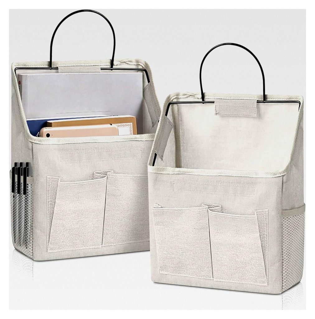 2er Set Wand-Aufbewahrungstaschen, Schreibtisch-Organizer-Korb, Baumwoll-Leinen, Hängekorb für Küche, Schlafzimmer, Wohnzimmer (Beige, 3 Taschen)