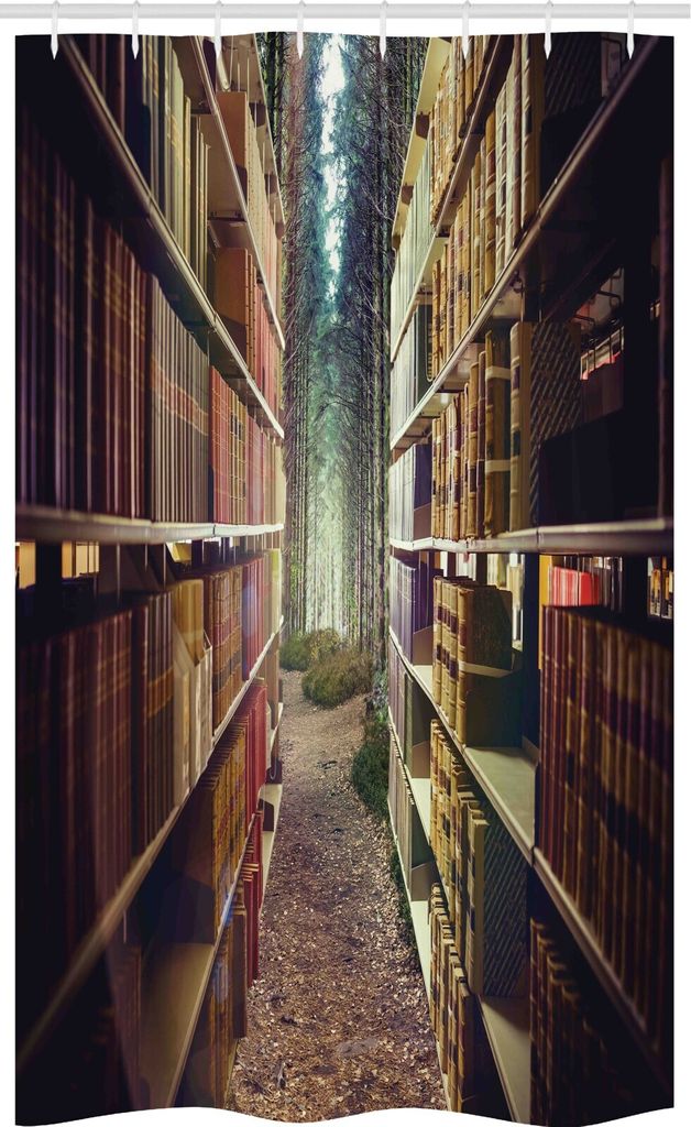 ABAKUHAUS Bücherregal Schmaler Duschvorhang, Zusammenfassung Bibliothek in Woods, Badezimmer Deko Set aus Stoff mit Haken, 120 x 180 cm, Mehrfarbig