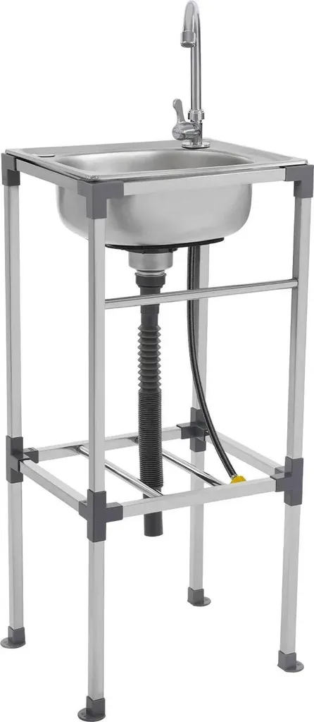 Petit évier monobloc sur pieds en inox jaune pour buanderie et garage
