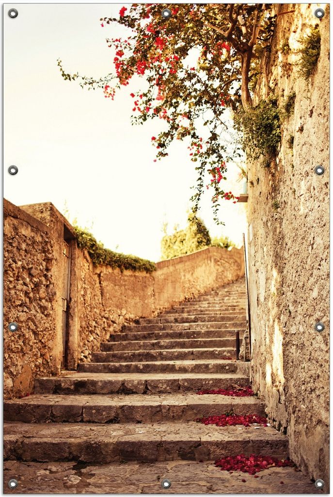 Wallario Outdoor-Poster für Garten oder Balkon, Motiv Steinerne Treppe in Italien, in ca. 100 x 150 cm