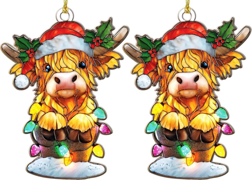 Weihnachtsbaumschmuck mit schottischem Hochlandrind-Motiv, Fensterdekoration im Buntglas-Look, rustikaler Acryl-Sonnenfänger für Landhaus-Baumsch...