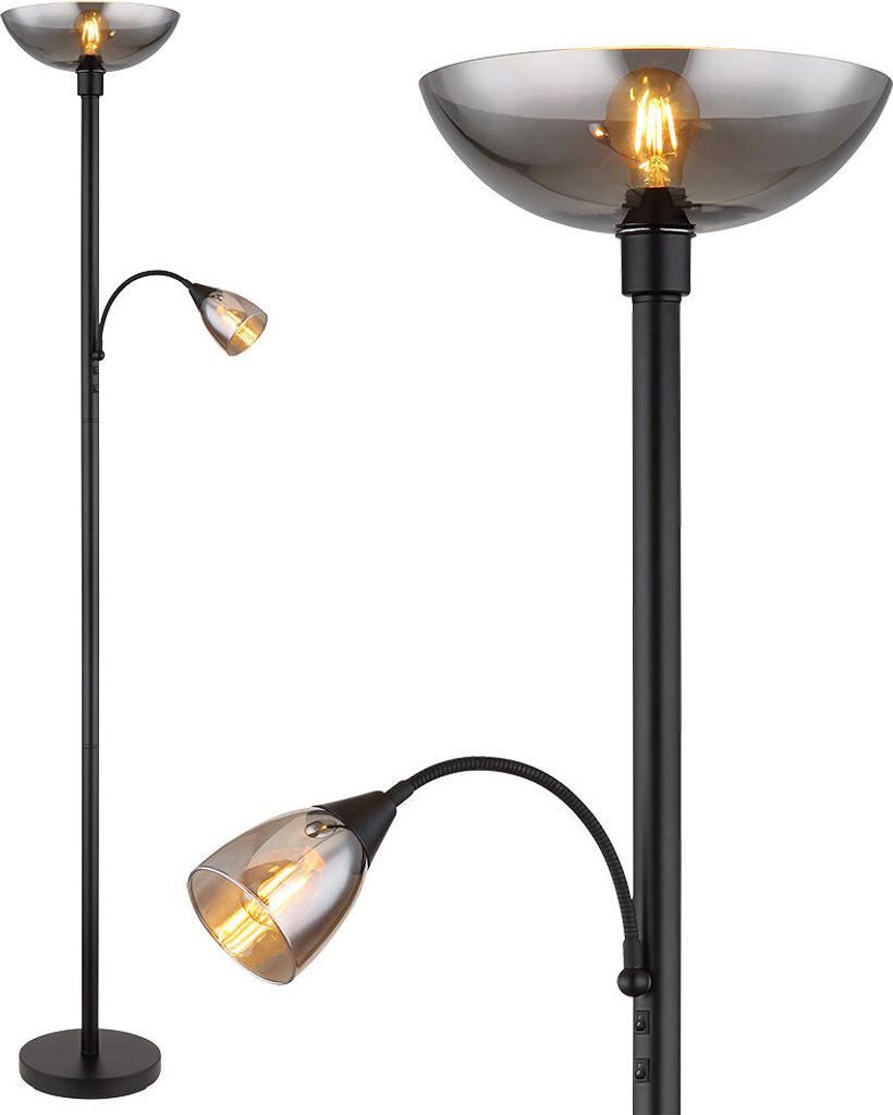 Stehleuchte, Deckenfluter, Glas Rauchfarben, Metall, H 178cm