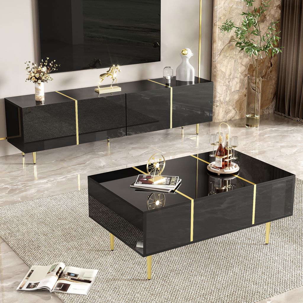 MODFU TV-Schrank und Couchtisch Set,TV-Sideboard ,Hochglanzschwarz,Kaffeetisch Geeignet für Wohnzimmer, Schlafzimmer, Schwarz