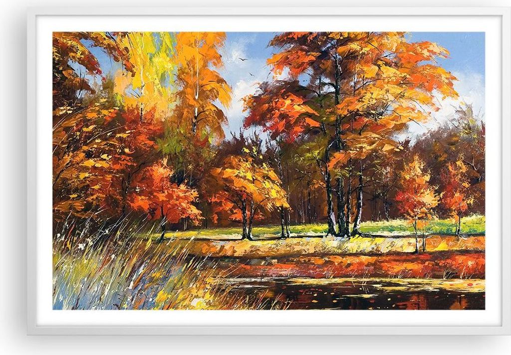 Gerahmtes Poster - Weißer Rahmen - Park Herbst Wasser - 91,5x61 cm - Wand Bild - Wanddeko - Wandbilder - Kunstposter - Wandposter - Bilderrahmen -...