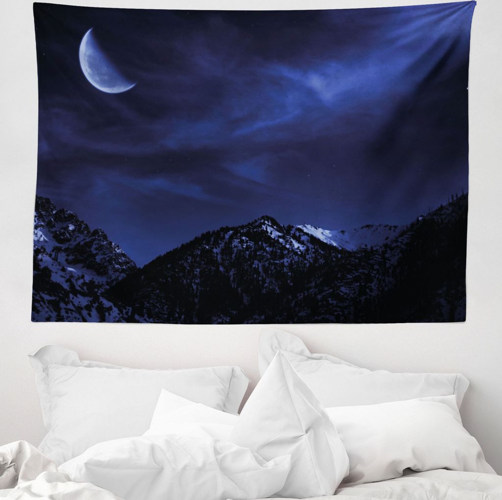 ABAKUHAUS Nacht Wandteppich, Snowy Mountains Scenic aus Weiches Mikrofaser Stoff Waschbar ohne Verblassen Digitaldruck, 150 x 110 cm, Dunkelblau Sc...