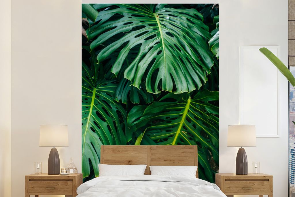 MuchoWow Fototapete für Wohnzimmer oder Schlafzimmer Wandtapete Vinyl Motivtapete Dunkelgrüne botanische Blätter in einem Garten - 200x300 cm ...