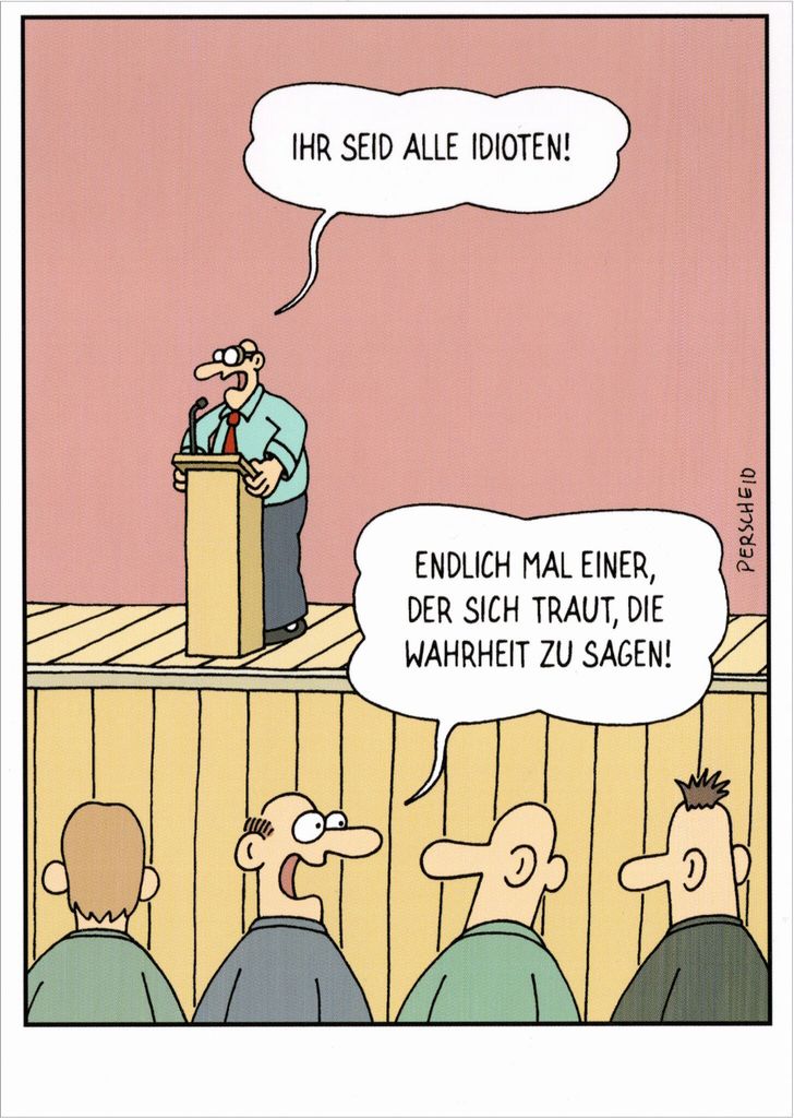 Cartoon-Postkarte Martin Perscheid "Ihr seid alle Idioten!"