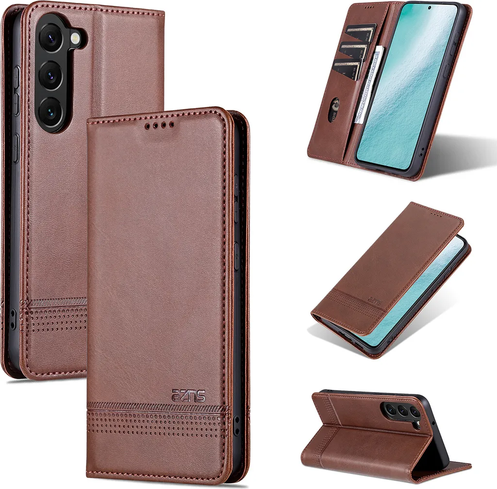 Custodia per Samsung Galaxy S23+, portafogli con chiusura magnetica e supporto, custodia in pelle flip coffee