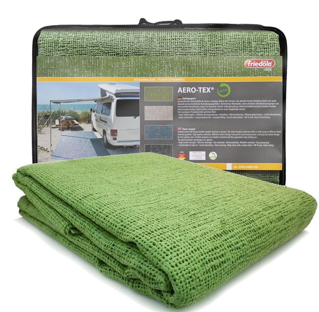Primaflor Vorzeltteppich AEROTEX Grün 250x600cm - Wasserabweisender Vorzeltboden - Strapazierfähige Weichschaum Matte, ideal als Camping Bodenm...
