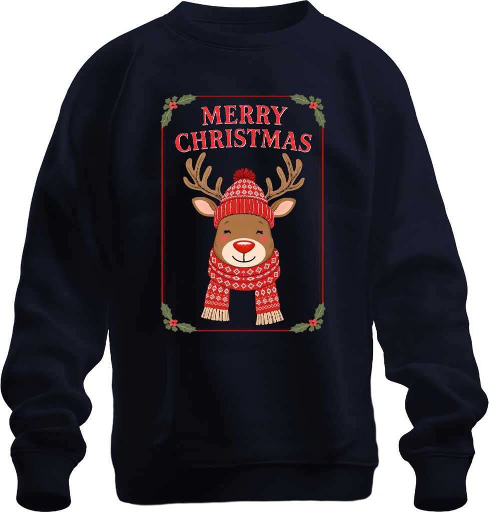MERRY CHRISTMAS Weihnachtsrentier rote Nase Schal Norweger lustig Uni Sweatshirt Pullover, Navy, XXL