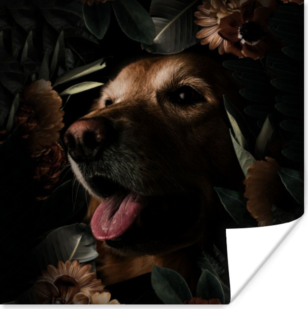 MuchoWow Poster Hund - Blumen - Botanisch 100x100 cm - Babyzimmer