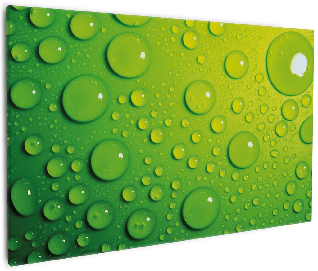 Wallario Premium Leinwandbild Wassertropfen auf Grün in Größe 60 x 90 cm