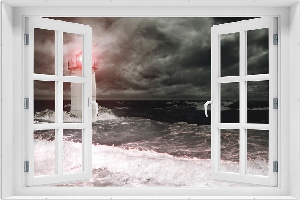 Wallario Wandbild mit Fenster-Illusion: Leuchtturm im Wasser bei stürmischer See, Größe: 61 x 91,5 cm, Poster mit rahmenlosen Bildhalter