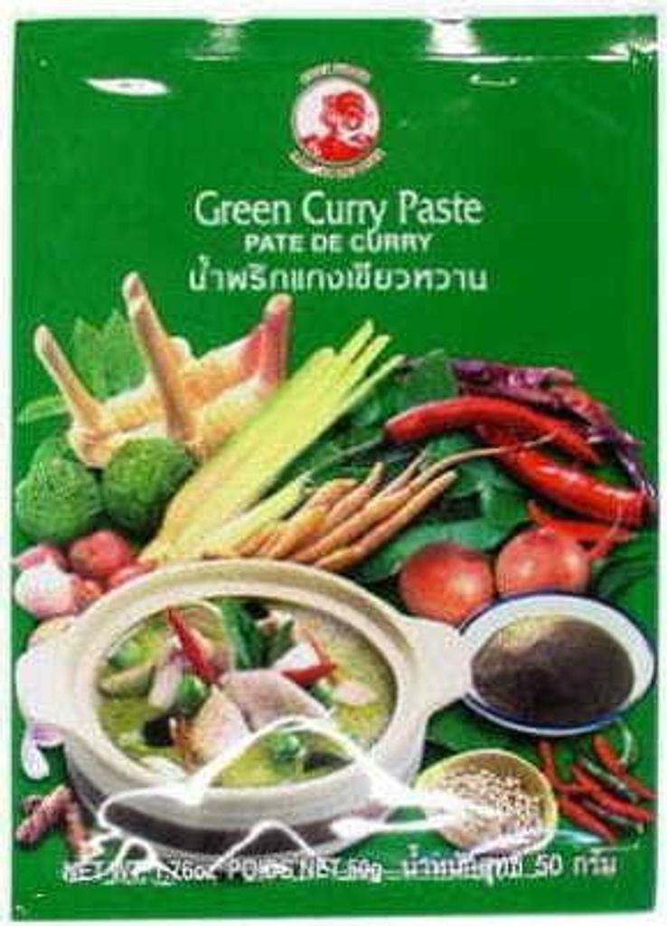 A package of green curry paste with ingredients and a bowl of curry shown.