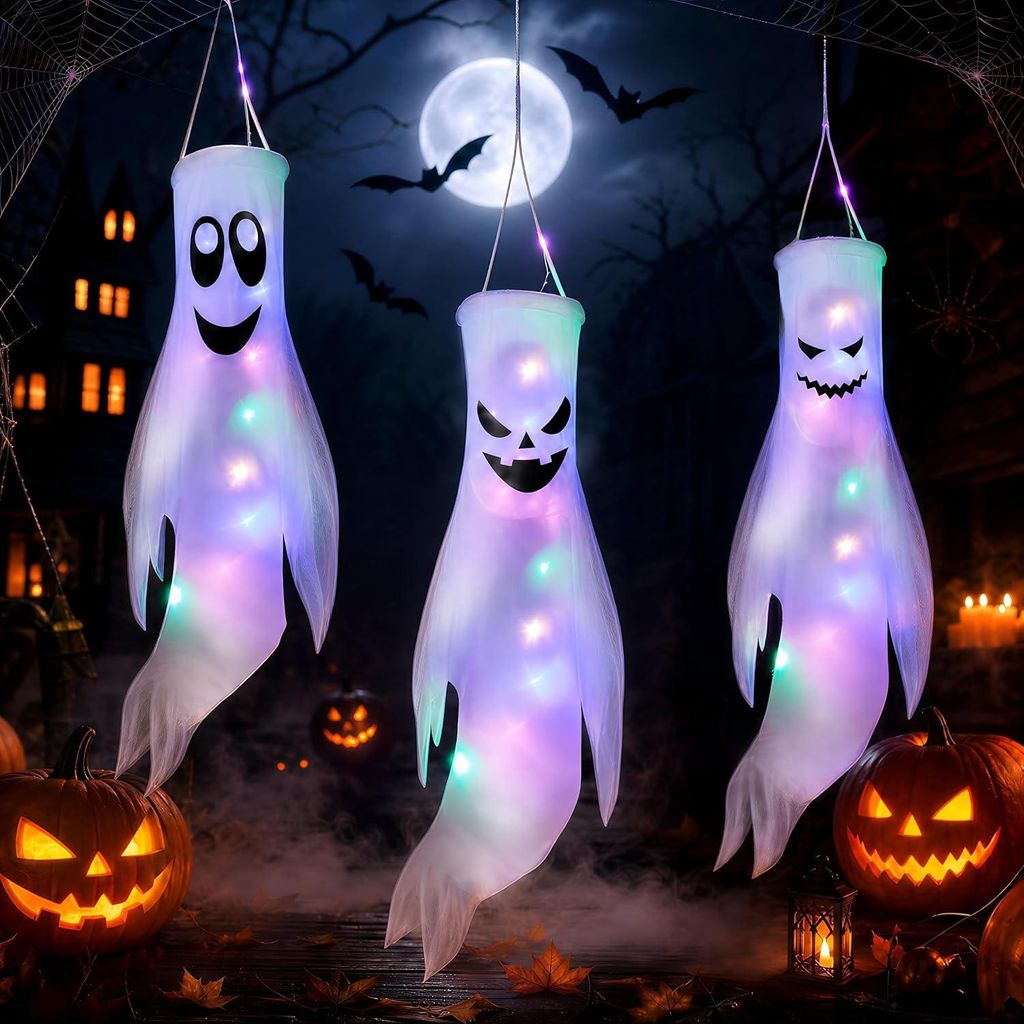 Halloween-decoratieve geesten met ledlicht - Set van 3 - Productafbeelding 
