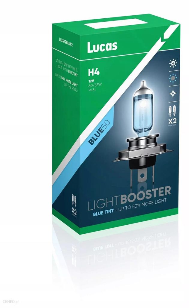 Lucas H4 BLUE50 +50% 60/55W 12V P43t 2er-Set LLX472BLUX2