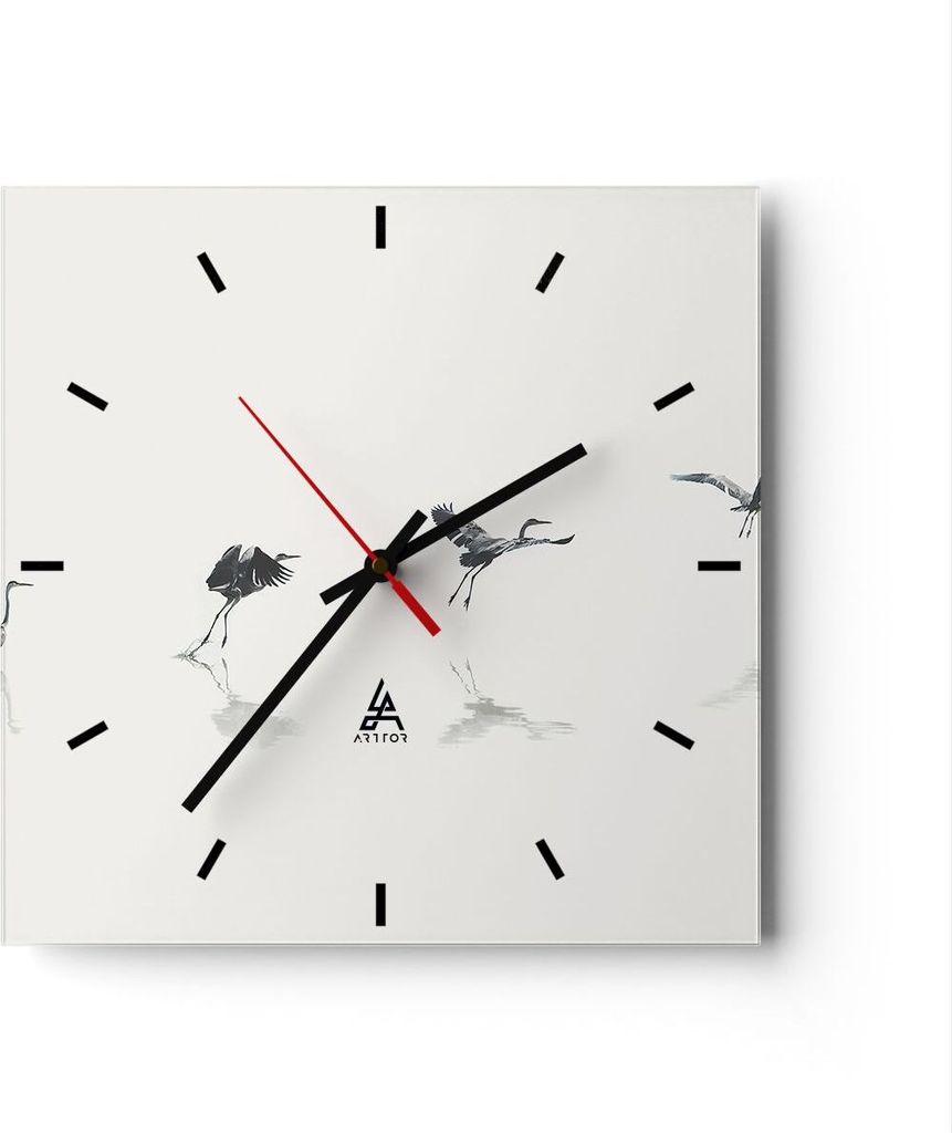 Wanduhr - Quadrat - Glasuhr - Flug Vogel Reiher - 40x40cm - Schleichendes Uhrwerk - Lautlos - zum Aufhängen bereit - Dekoration Modern - Wanddekor...