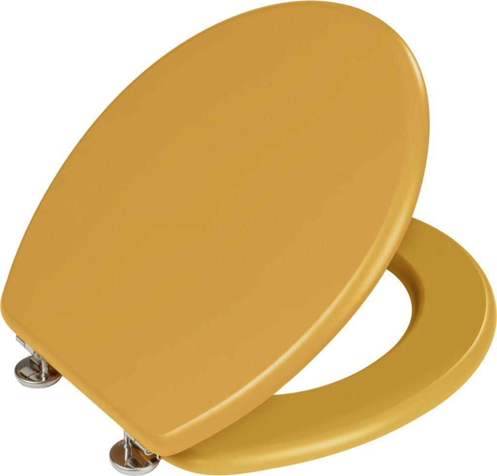 A yellow toilet seat is shown against a white background.
