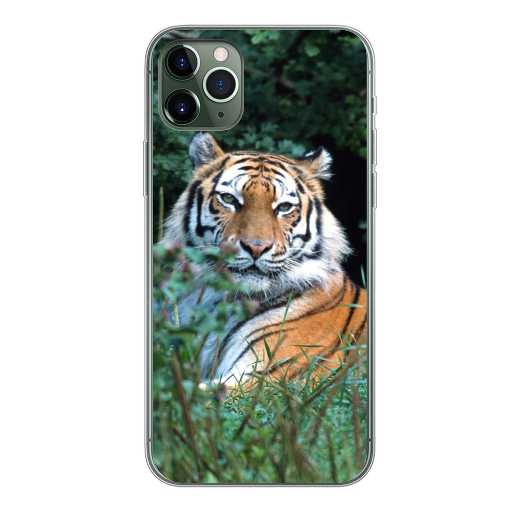 MuchoWow Handyhülle Schutzhülle Hülle für iPhone 11 Pro Max Tiger - Gras - Grün Silikon Softcase Handy Hülle - Schutz