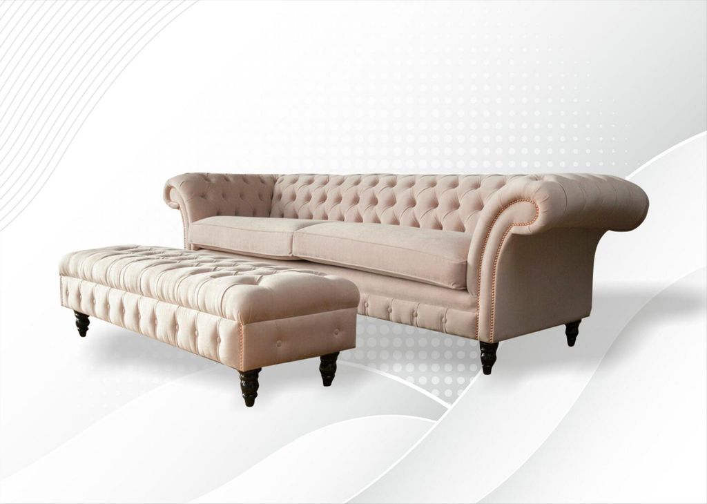 Chesterfield 4 Sitzer Hocker Pink Textil Wohnzimmerset Sofa Luxus Modern 2tlg.