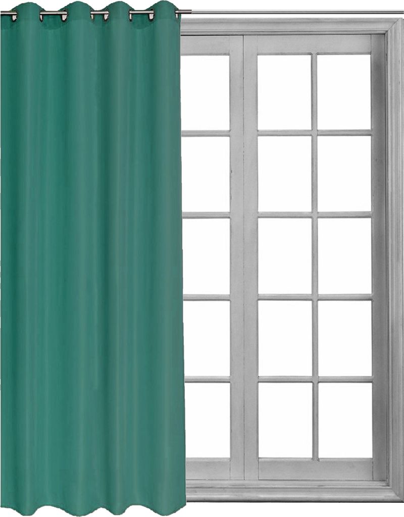 A teal curtain is shown hanging in front of a window with multiple panes.