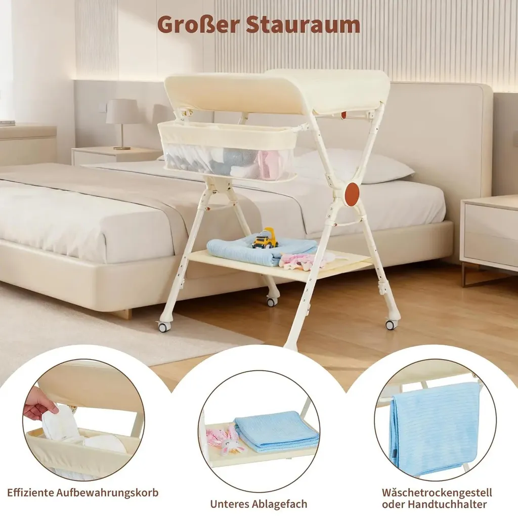 Table à langer pliable beige avec rangement et tringle à vêtements