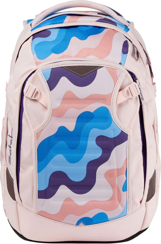 A pink backpack with a colorful abstract pattern on the front pocket.