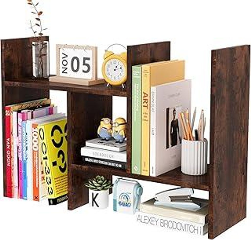 EasyPAG Kleines Schreibtisch Regal Holz Freistehend Bücherregal Verstellbar Schreibtisch Organizer Ständer Bürobedarf Ablage Display Regal,Braun