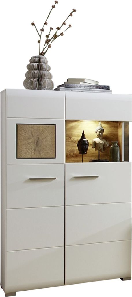 Highboard Vitrine weiß FARO-36 mit Absetzungen in Eiche Hirnholz Nb. und LED Beleuchtung, B/H/T: ca. 80/139/37 cm