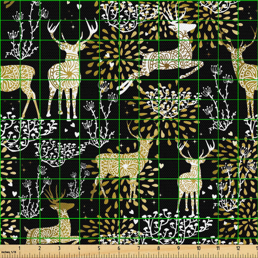 ABAKUHAUS Weihnachten Gewebe als Meterware, Natur Woodland und Deer Silhouetten mit orientalischen Ornamente Artsy Design, 3 M (148 x 300 cm), Gelb...
