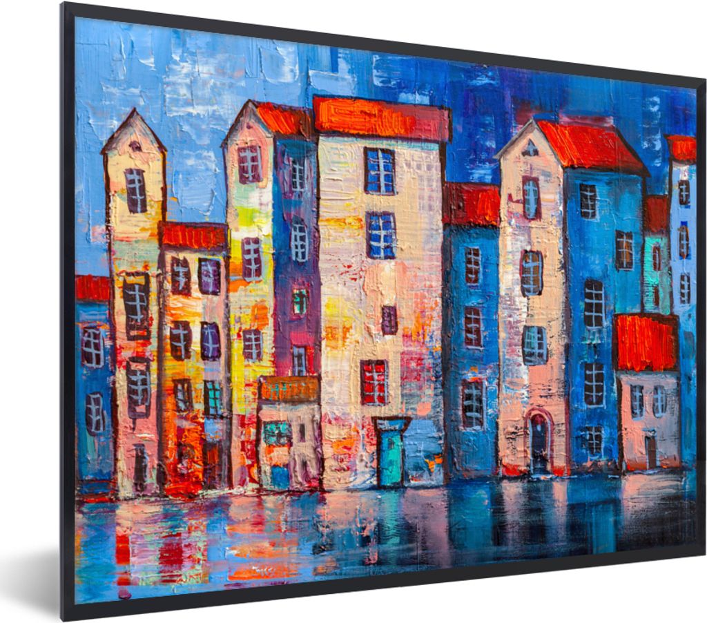 MuchoWow Gerahmtes Poster Malerei - Ölfarbe - Haus - Wasser 40x30 cm - Poster mit Schwarzem Bilderrahmen Wandposter Rahmen Foto Bilder - Kunstpo...
