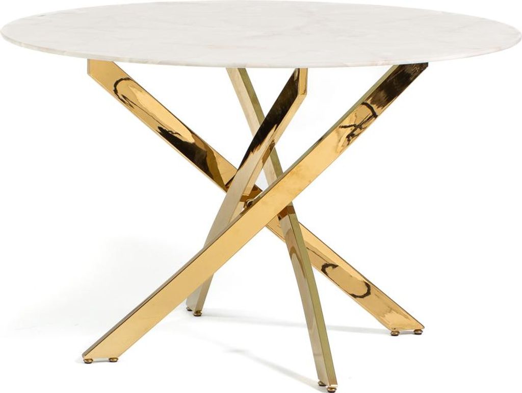 A round table with a white marble top and a gold criss-cross base, shown against a white background.