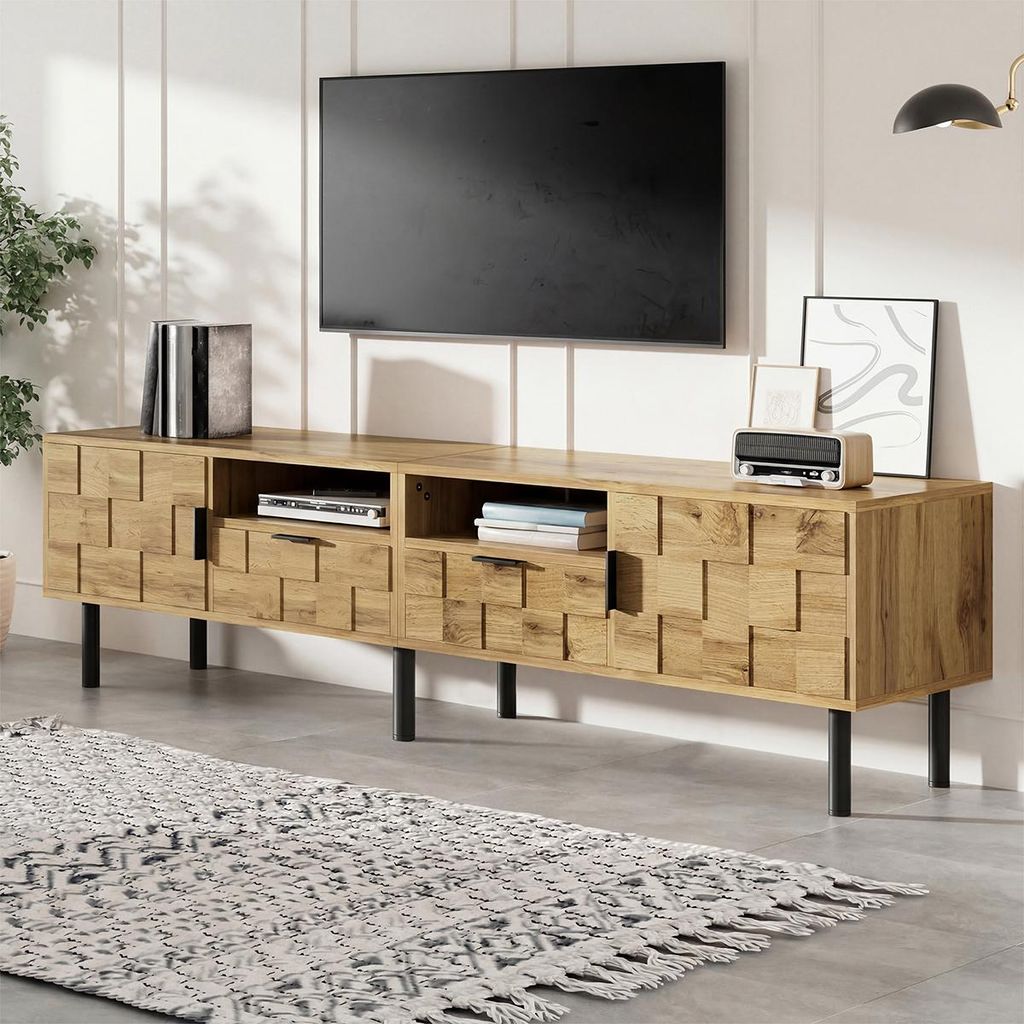 TV-Schrank mit 2-türig und 2 Schubladen TV-Tisch TV-Ständer TV Board 160 L x 35 B x 42,5H(cm) Natural