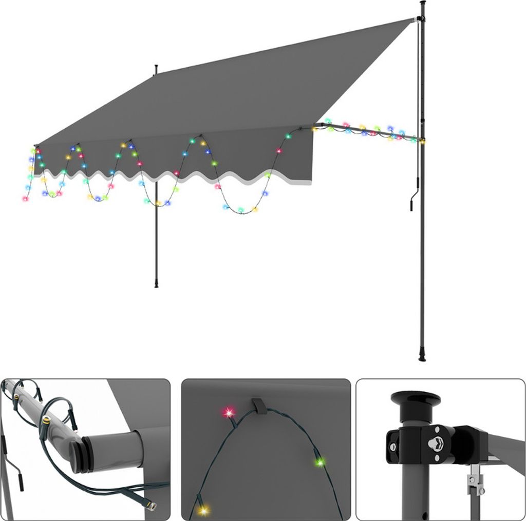Hengda Klemmmarkise mit LED 300x120cm Markise Höhenverstellbare Balkonmarkise mit Handkurbel Sonnenschutz ohne Bohren für Terrasse und Balkon Grau