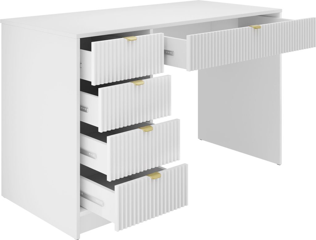 A white desk with multiple drawers, some of which are open, showing gold handles and ribbed drawer fronts.
