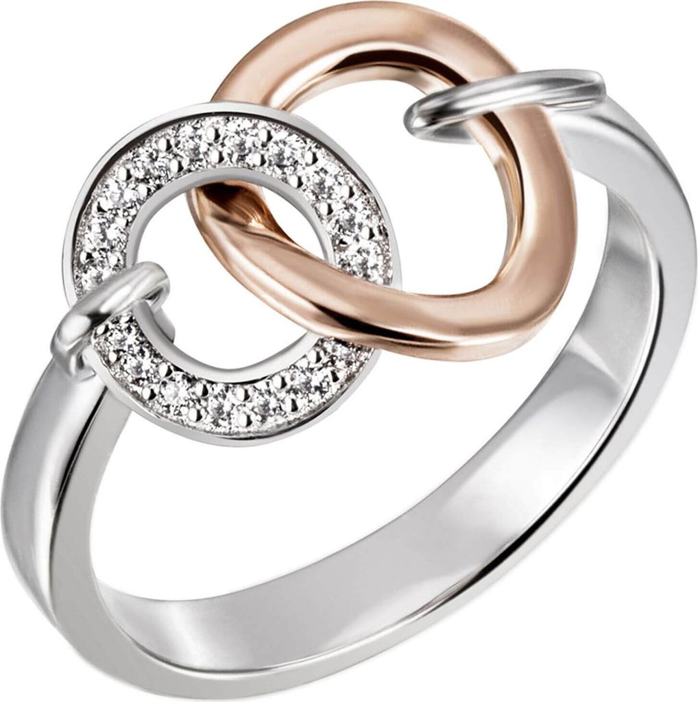 Ring aus 925 Silber bicolor vergoldet mit 18 Zirkonia, zwei verbundene Ringe Innenumfang 54mm Ø17.2mm