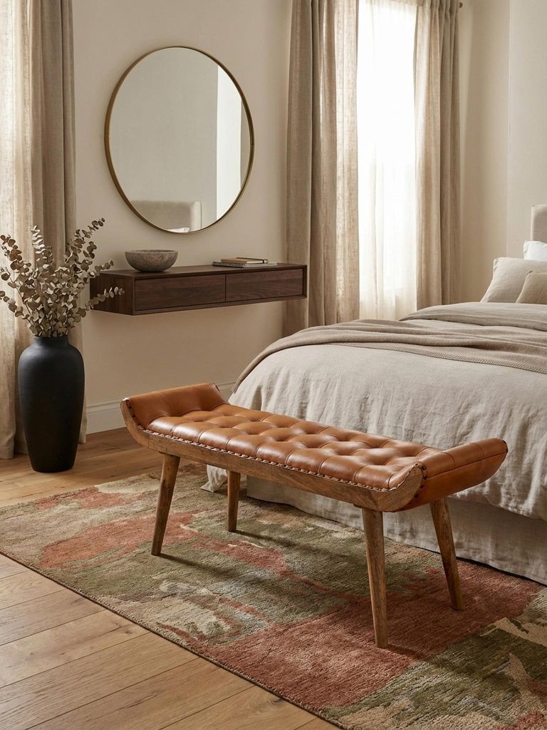 Sitzbank Echtleder / Massivholz Bank Braun 125x50x38 cm Chesterfield, Design Polsterbank Flur, Lederbank Bettbank 2 Personen, Flurbank Modern