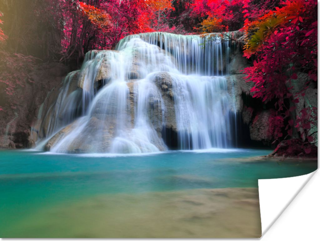 MuchoWow Poster Wasserfall - Bäume - Rot - Landschaft - Natur 80x60 cm - Kunst für zu Hause