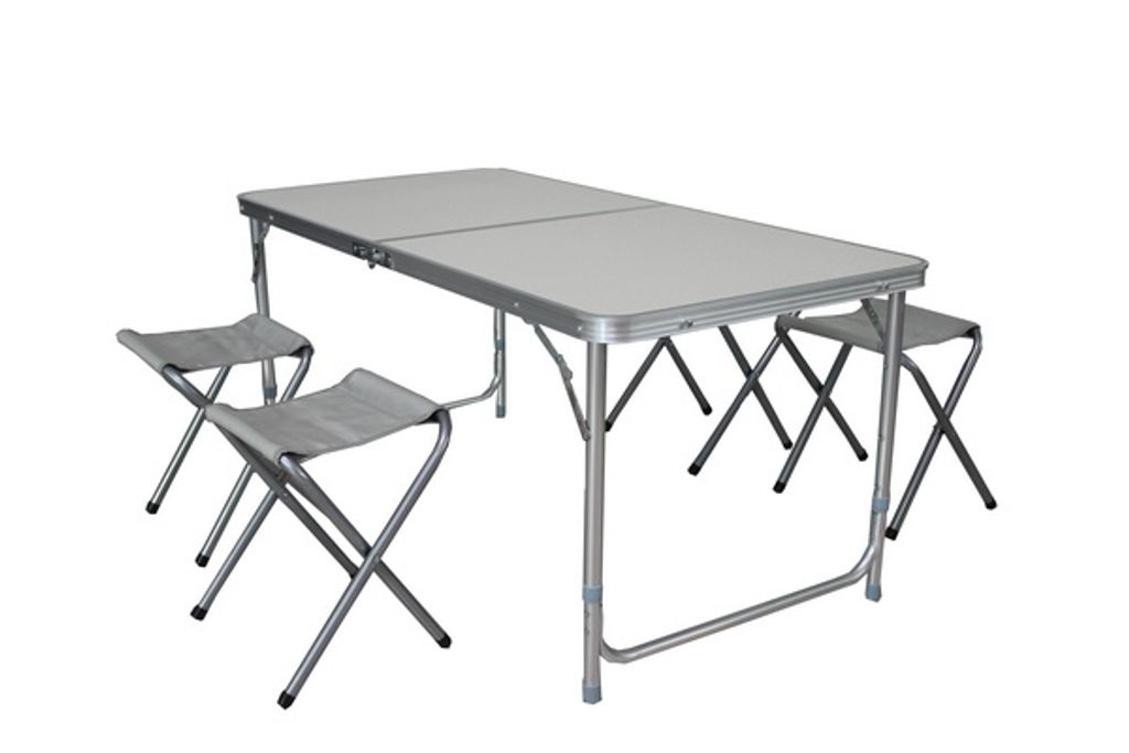 Linder Exclusiv Camping Set – Faltbarer Campingtisch mit 4 Hockern – höhenverstellbar – kompakt & wetterfest - Aluminium – Koffertisch fü...