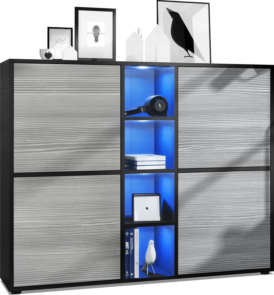 Vladon Highboard Cuba V3, Germany, Schwarz matt/Avola-Anthrazit inkl. LED - Moderne Anrichte mit 12 Fächern (130,5 x 105,5 x 35,5 cm)