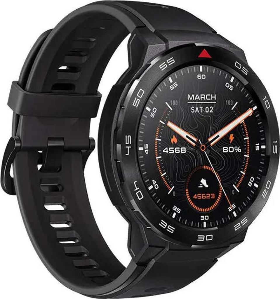 A black smartwatch with a detailed watch face is shown against a white background.