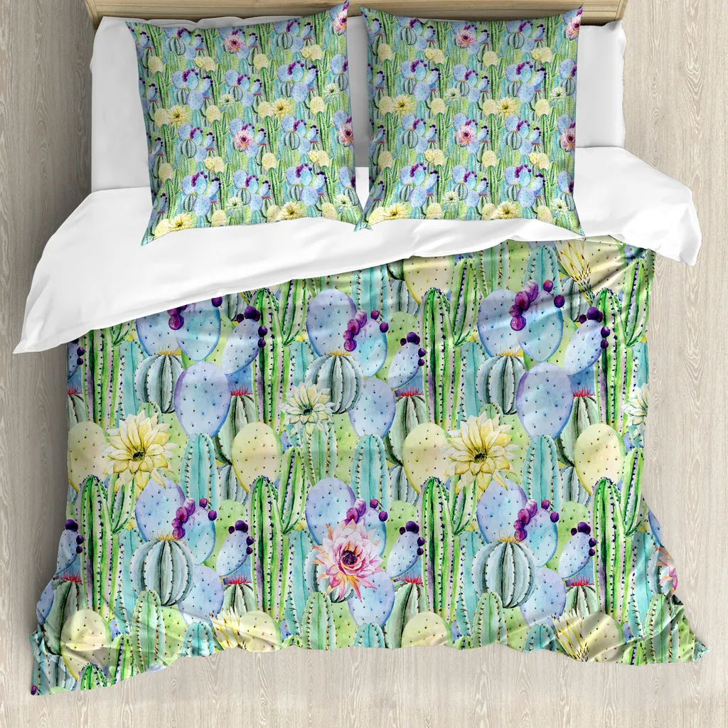 Abakuhaus Copripiumino Cactus 200x200 Antiacaro Set Letto Blu e Verde
