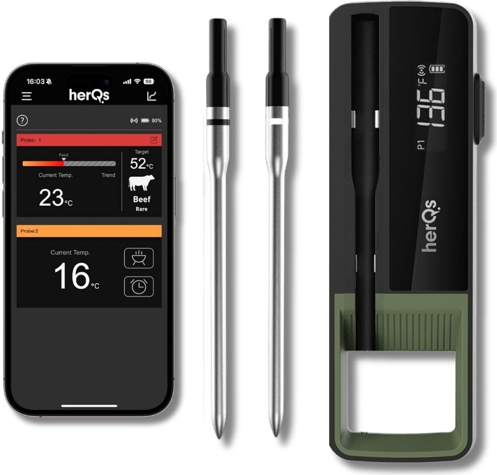 HerQs Double Max Grillthermometer, Digitales Bluetooth Fleischthermometer, Mit App und Temperaturalarm bis zu 300°C, 170m Bluetooth Meater - Für ...